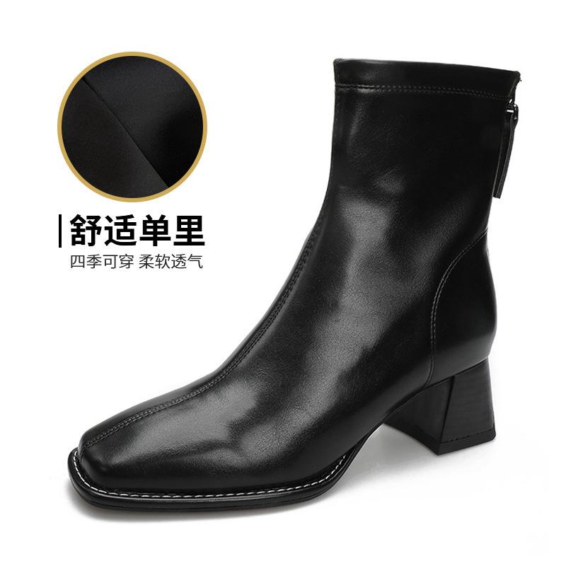 

2024 medium heel women s commuting boots custom Korean version high heel square head short boots women s custom rear zipper thick heel thin boots 34 чёрный