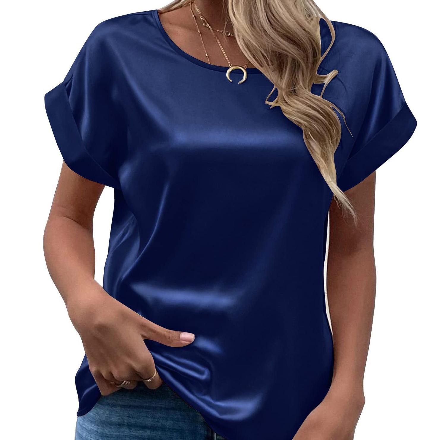 

Весенне-летняя новая женская атласная рубашка с короткими рукавами, свободная и повседневная цветная футболка с круглым вырезом для женщин M темно-синий