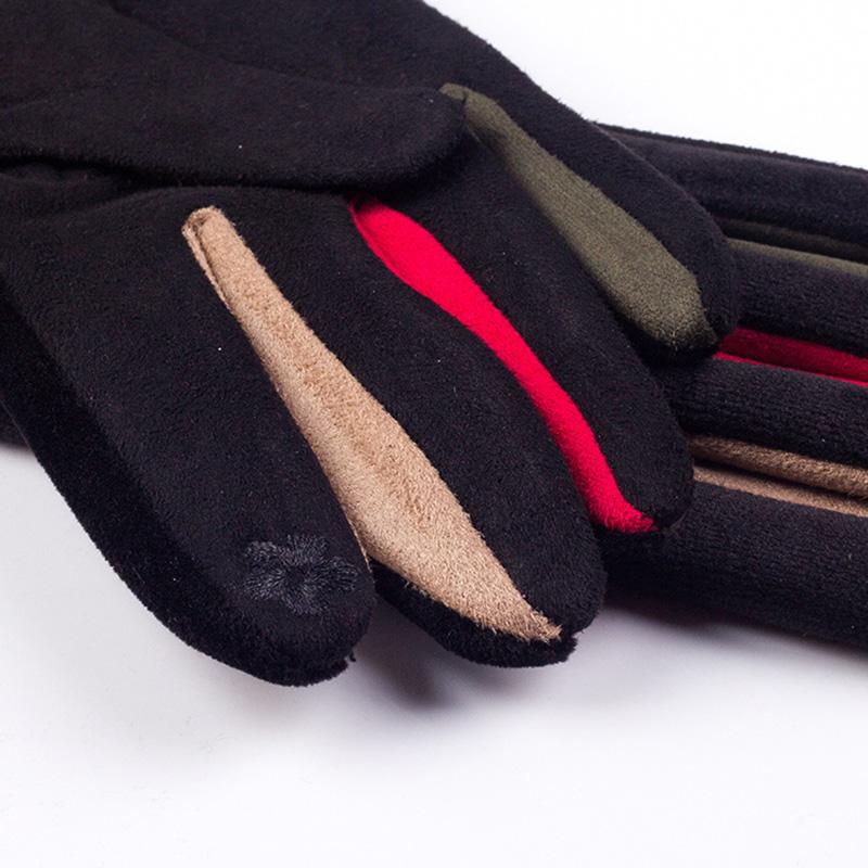 Autumn Winter Female Button Suede Leather Velvet Cashmere Full Finger Warm Bow Glove Women Embroidery Touch Screen Mitten F9