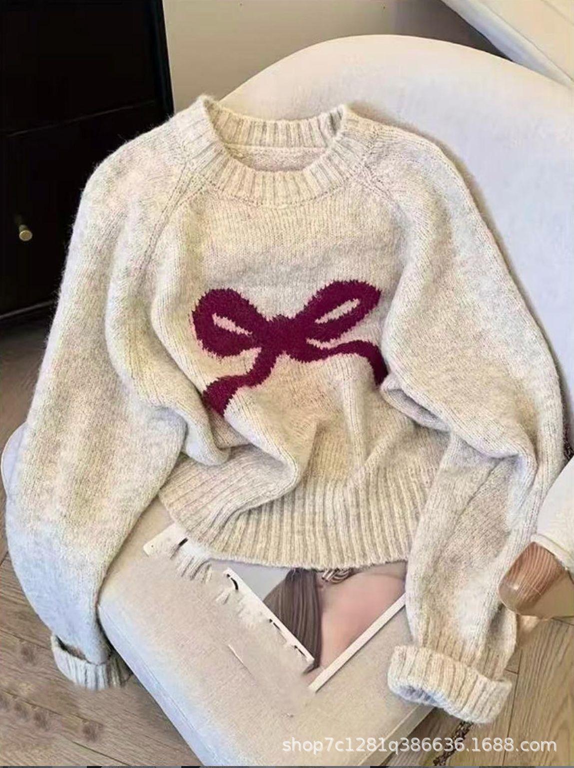 

Women s Plus Size Bow Print Color Block Long Sleeve Knit Sweater 3XL серый