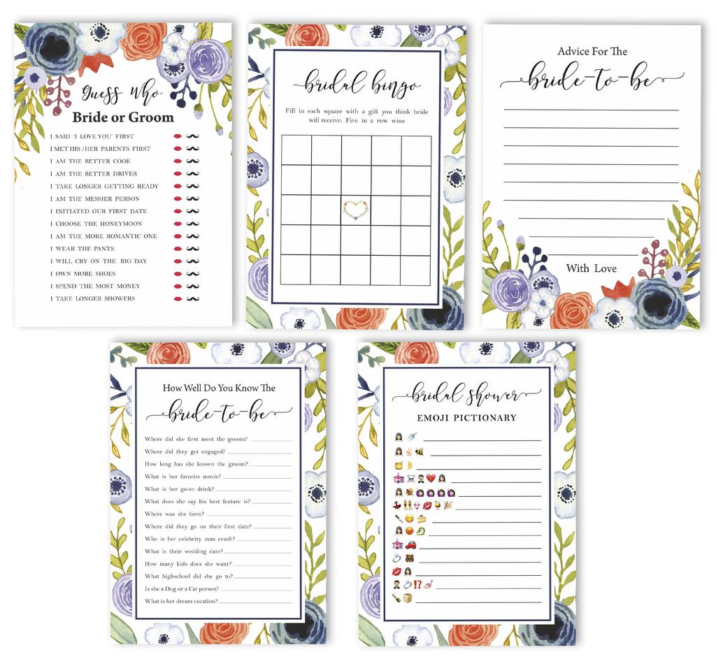 Inkdotpot Bridal Shower Games Set of 5 (Activities for 50 Guest) Floral Theme Fun Bachelorette Party Games Set Bundle