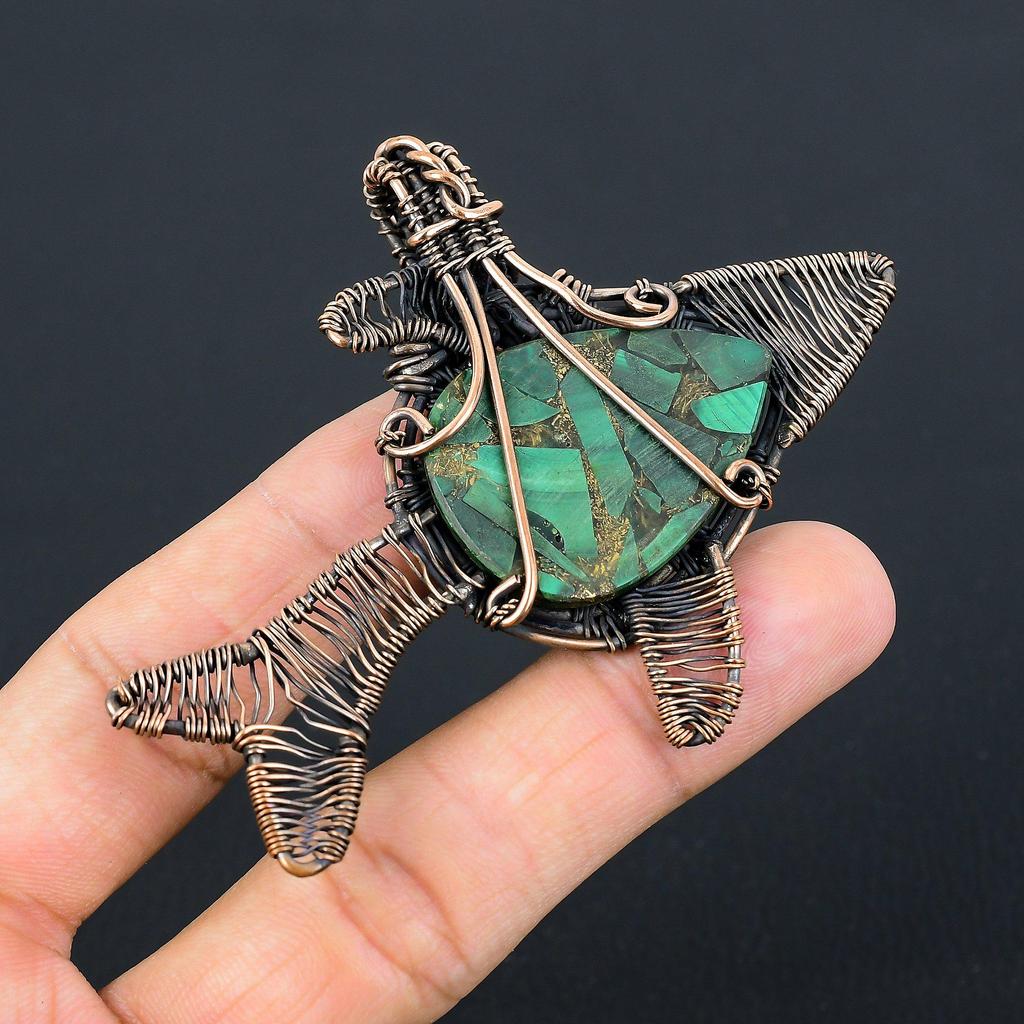 Copper Malachite Gemstone Pure Copper Wire Wrapped Handmade Fish Pendant Jewelry Pendant