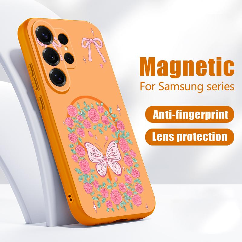 Coque à Motif Fleurs Papillons Pour Samsung Galaxy S26 Ultra S25 Edge S24 Plus S23 FE S22 A17 A54 A55 A56 A57 5G Magnétique Pour Magsafe Housse Mate