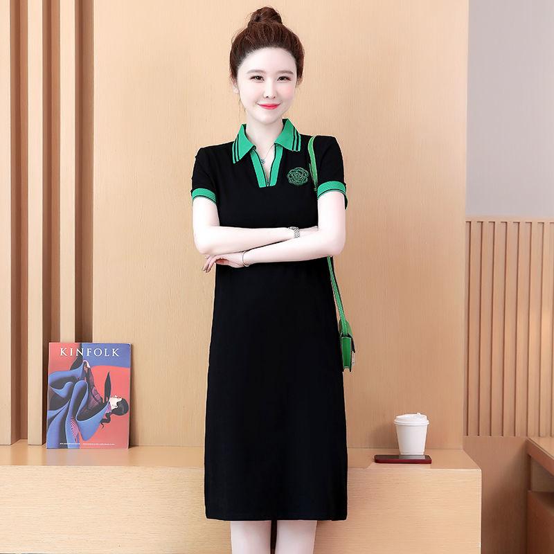 Frauen Mode Schlanke Frauen Kleid Stickerei Drehen Unten Kragen Grün Patchwork Schwarz Kleider