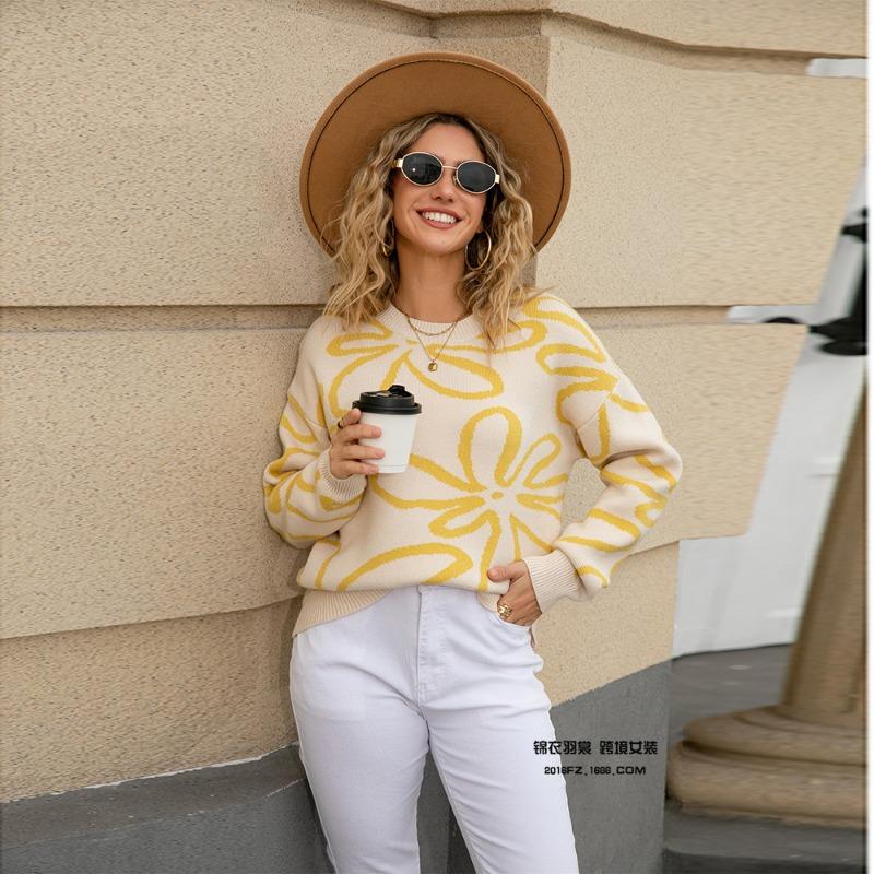 2025 Autumn and Winter New Fashion Round Neck Flower Contrast Sweater Loose Pullover Print Knitted Sweater
