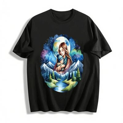 Moonlit Mother And Child Hug Landscape Print Warm Parent-child Top Pure Cotton T-shirt