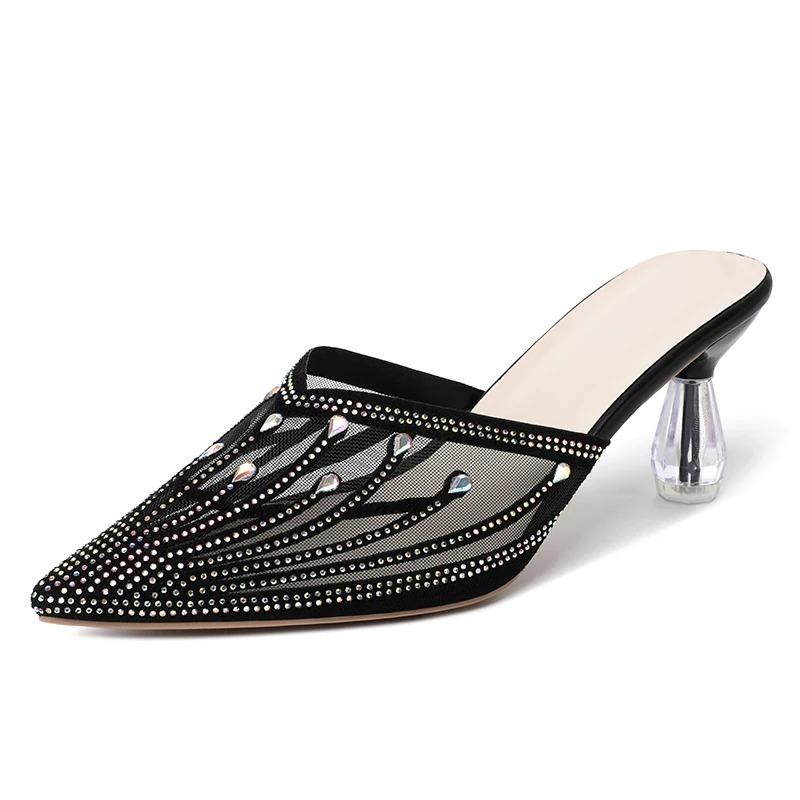 Fashion 2024 Summer New Mesh Diamond Slippers for Women's Fashion Outwear Pointed Crystal Heel High Heel Slippers
