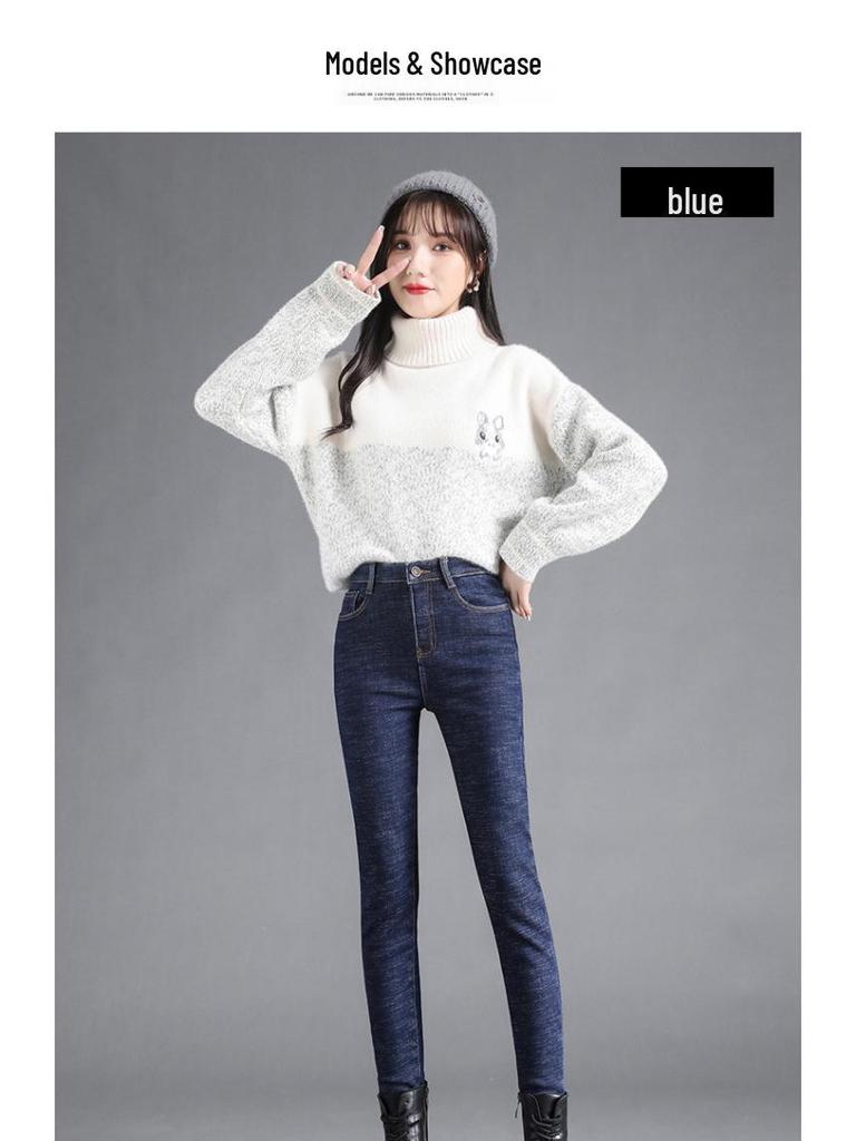 Damen Schwarze Fleecegefütterte High Waist Skinny Jeans - Extra Lang, Slim Fit, Elastisch, Frühling/Herbst 2023