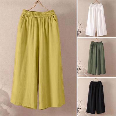 Solid Color Wide-leg Pants Stylish Women's Cropped Pants with Elastic Waist Wide Leg Design Pockets Solid Color Casual for A