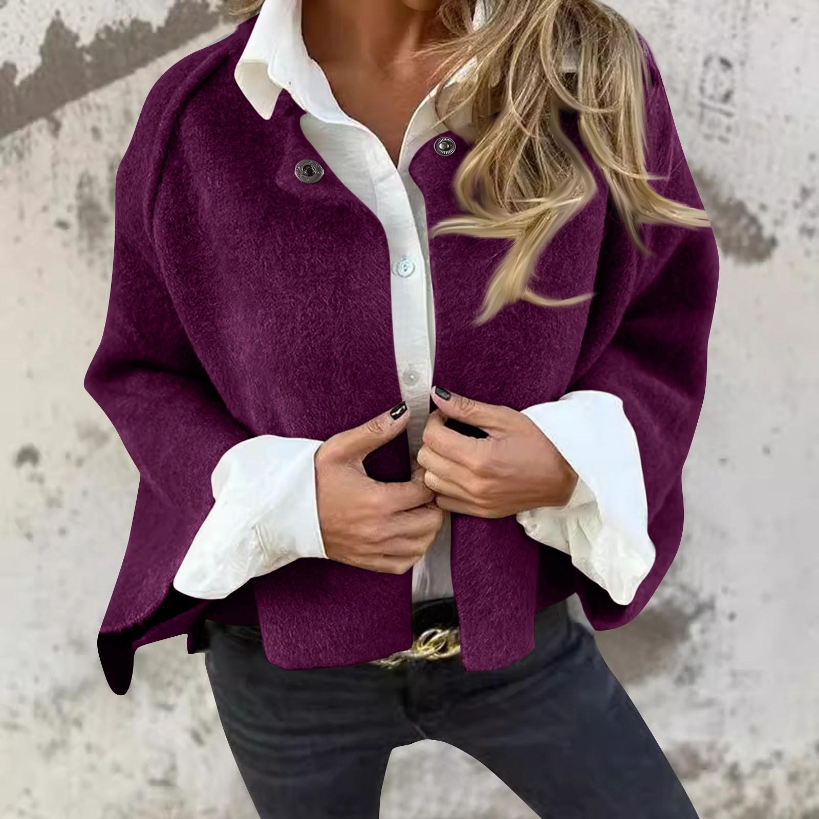 

Женская повседневная модная однотонная короткая куртка с круглым вырезом и длинными рукавами M фиолетовый