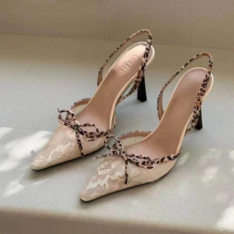 Women's High Heel Sandals Leopard Print Lace Pointed Toe Bow Heels Women Dress Summer Sexy Designer Style Zapatillas De Mujer