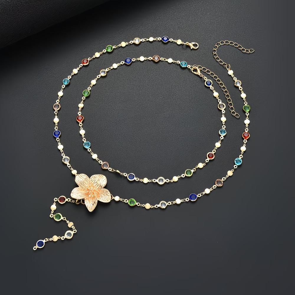 2 PCS Simple Flower-shaped Necklace Alloy Fashionable Clavicle Chain Trendy Elegant Colorful Rhinestones Necklace
