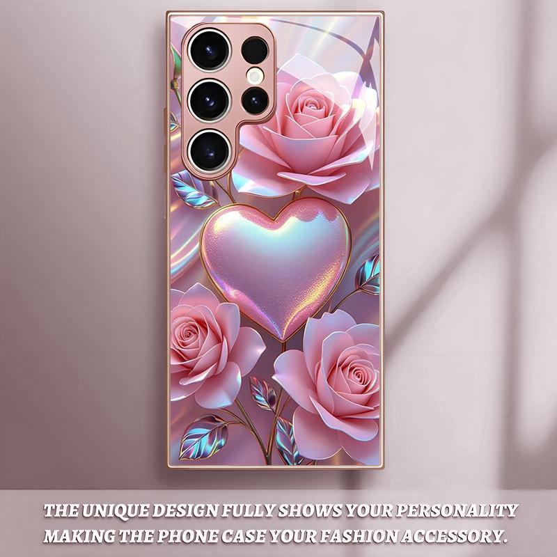 Pink Rose Love Glass Phone Case Suitable for Samsung Galaxy S26 S25 S24 S23 S22 S20 FE Ultra Plus Anti Drop Back Cover