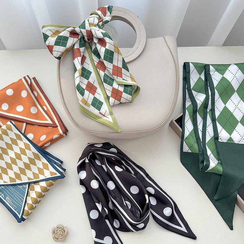 Double-sided imitation silk silk scarf, long women's professional wear, spring and summer new decorative scarf, hair band, streamer.