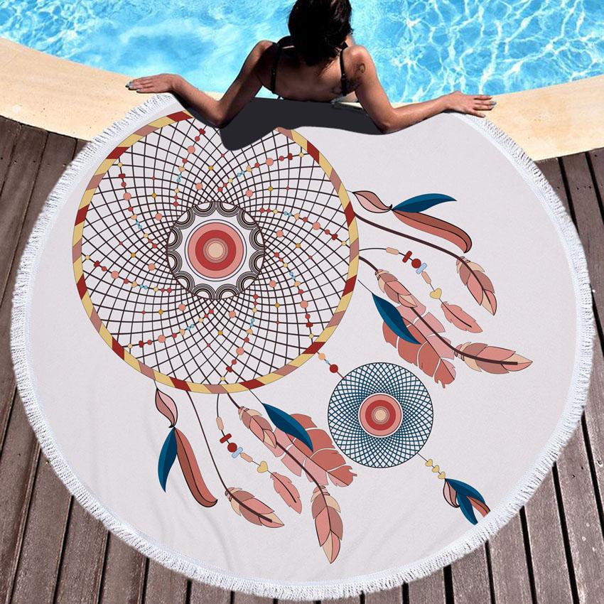 Prosop de Plajă Rotund din Microfibră Boho Dreamcatcher Prosoape Groase pentru Duș Baie Covoraș de Plajă de Vară 550g cu Ciucuri