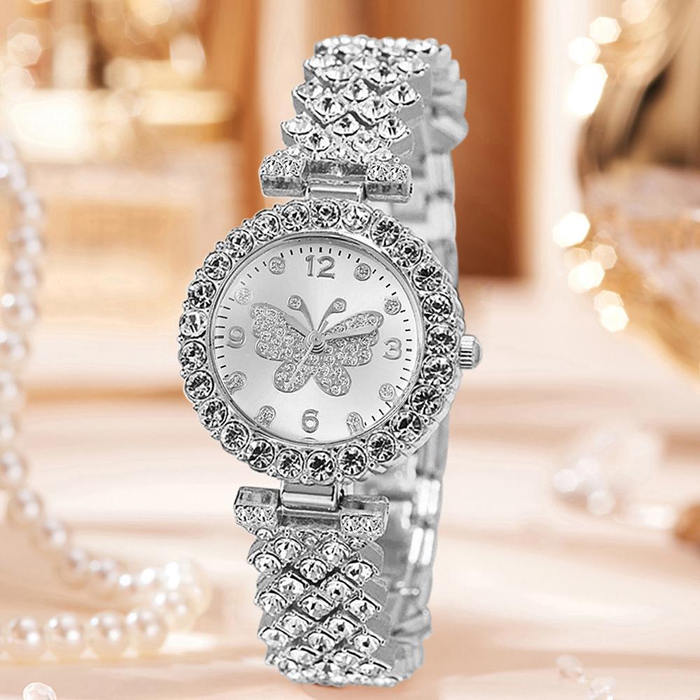 5PC Luxury Women Watch Set Fashion and Trendy With Rhinestone Butterfly Element Dial Quartz Watch Bracelet Set Perfect Gift