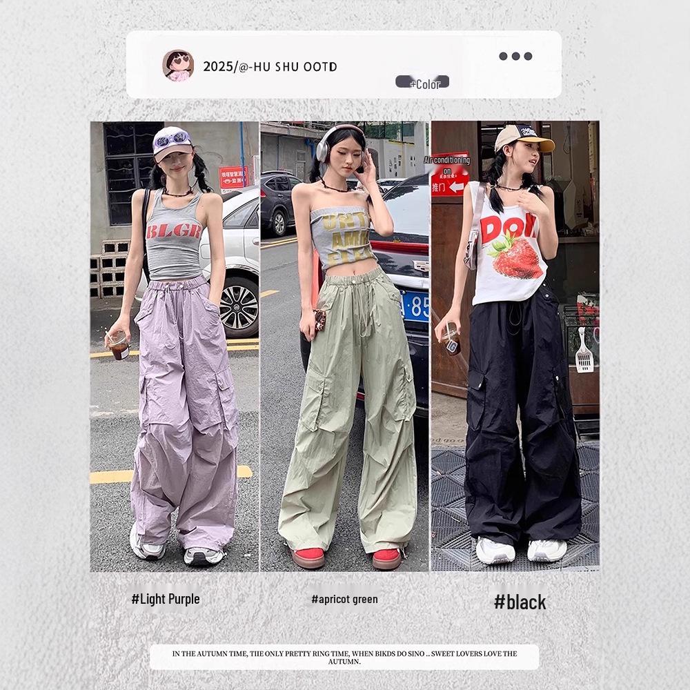 Autumn 2025 Women's High Waist Parachute Cargo Pants - Loose, Convertible, Wide Leg Windbreaker Design