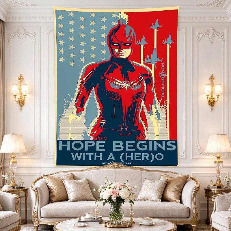 Captain Marvel hero, propaganda style with Brie Larson in a red-blue suit over star-striped field, HOPE BEGINS WITH A HERO text, wall tapestry