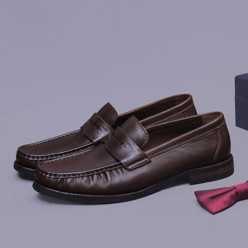 

Ботинки-бини на кожаной подошве, мужские лоферы из лошадиной кожи Goodyear, кожаные туфли ручной работы на одну педаль для бизнеса и платья 44 темно-коричневого