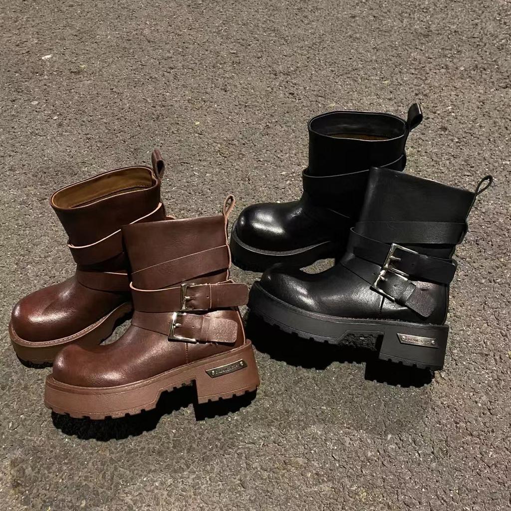 Niche Design Thick-soled Medium Tube Heightening Knight Boots Women's Non-slip Double Buckle Women's Boots