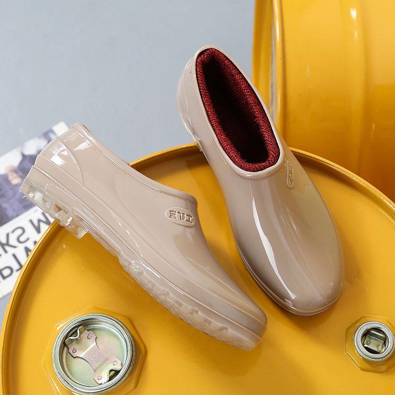 Women's Non-Slip Waterproof Low-Cut Rubber Rain Shoes for Kitchen, Short Slip-On Flats for Summer