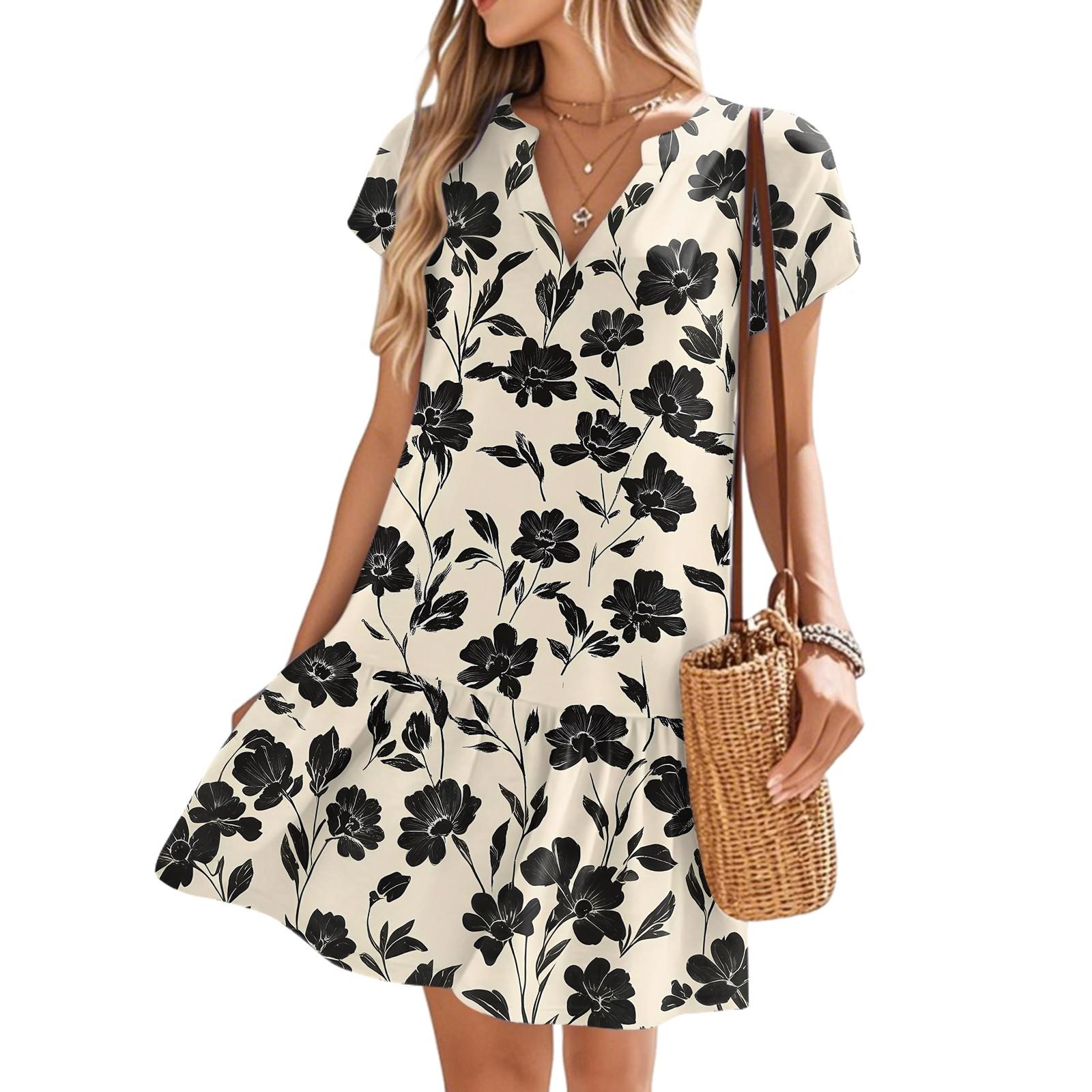 Women s Dresses Short Sleeve V-Neck Floral Printed Loose Casual Temperament Beach Dresses XL
