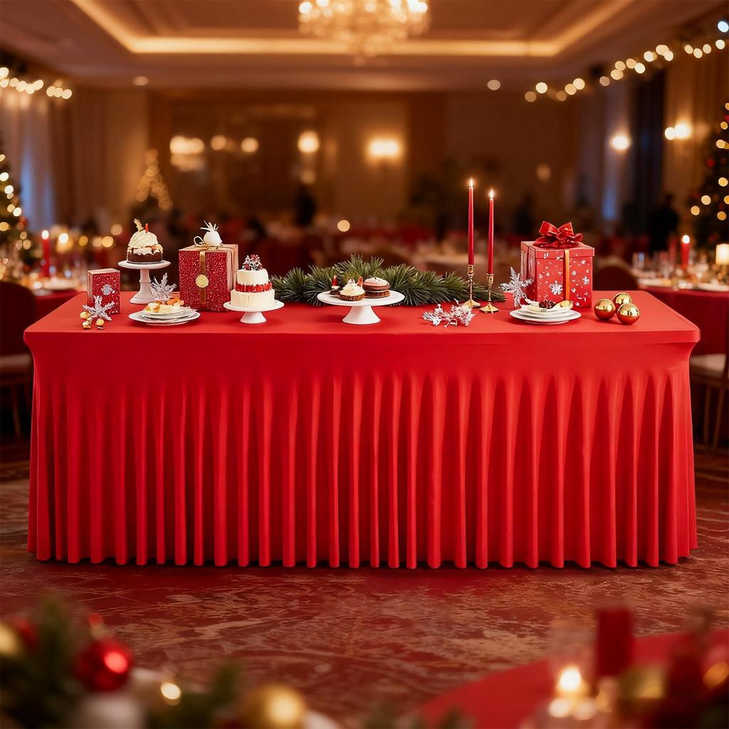 Christmas Table Skirt 6ft Rectangle Red Table Cloth Skirt For Wedding Water-Resistant Festive Tablecloths For Events Buffet
