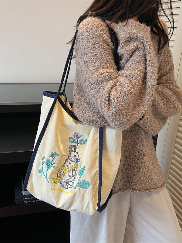 2025 Autumn Embroidered Nylon Tote: Large Capacity Fashion Shoulder Bag for Shopping & Commuting