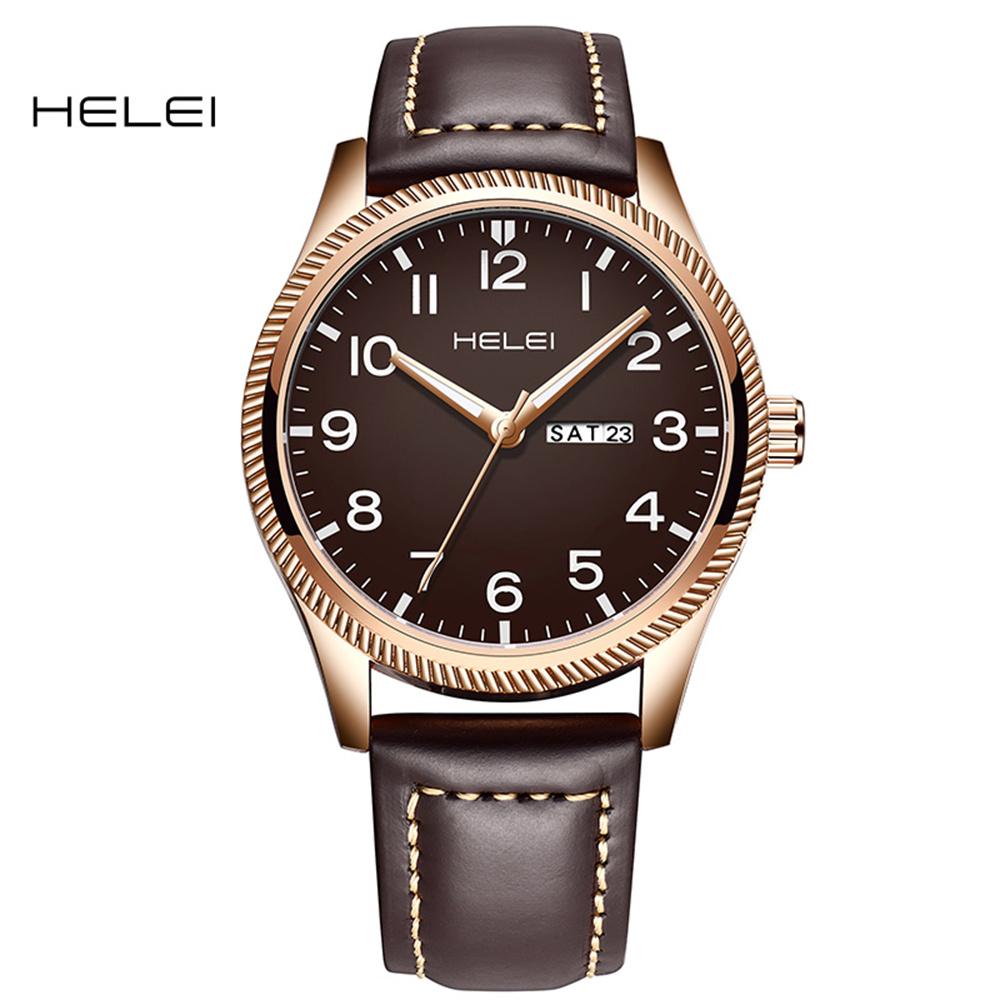 HELEI Sport Men Watch Top Brand Luxury Military Waterproof Male Clock Quartz Business Original Leather Wristwatch Gift 9007AL