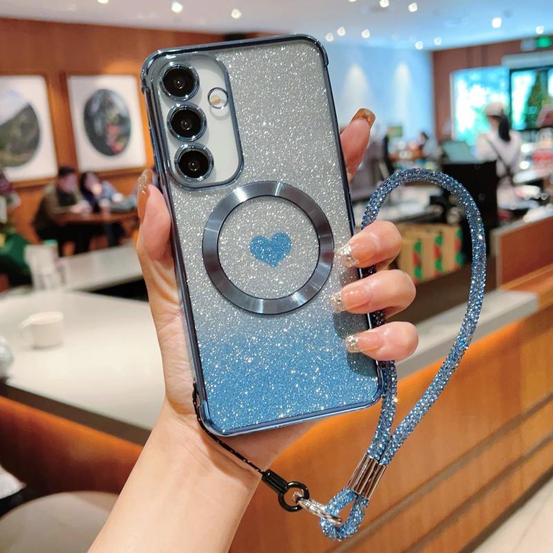 For Samsung Galaxy S25+ Magnetic Case TPU Phone Cover with Strap Heart Gradient Sparkle
