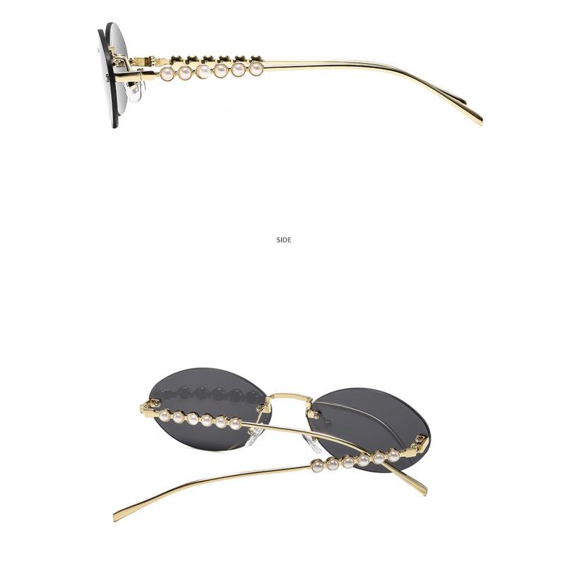 Ladies sunglasses, rimless oval sunglasses, pearl embellished sunglasses.