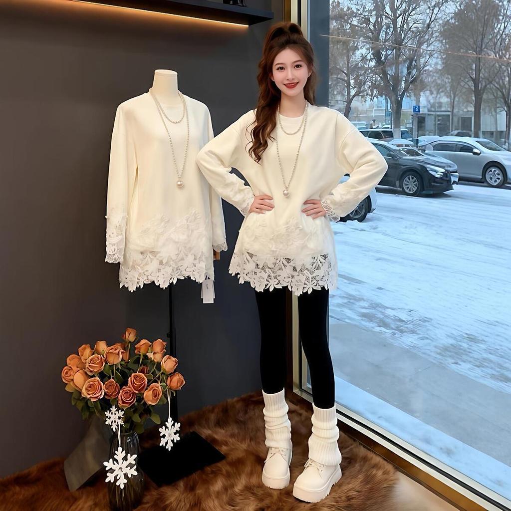 Mid-Length German Fleece Lace Patchwork Long Sleeve T-shirt - Women's Thickened Base Layer, Autumn/Winter 2026 Collection.