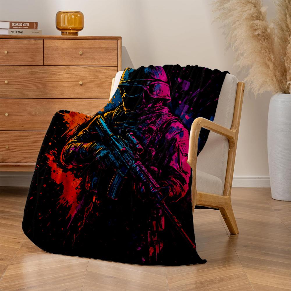 1pc Special Forces Commando Action Figure Blanket - Heavyweight Plush Flannel All-Season Soft Bedspread with Military Action Des