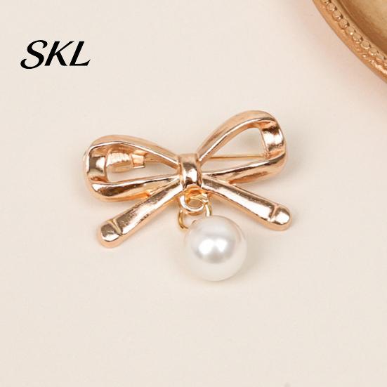 Strong Buckle Brooch Pin, Bow Shape Alloy Lapel Pin with Imitation Pearl, Non-fading Electroplating Anti-Oxidation Badge for Coats Shirts Bags