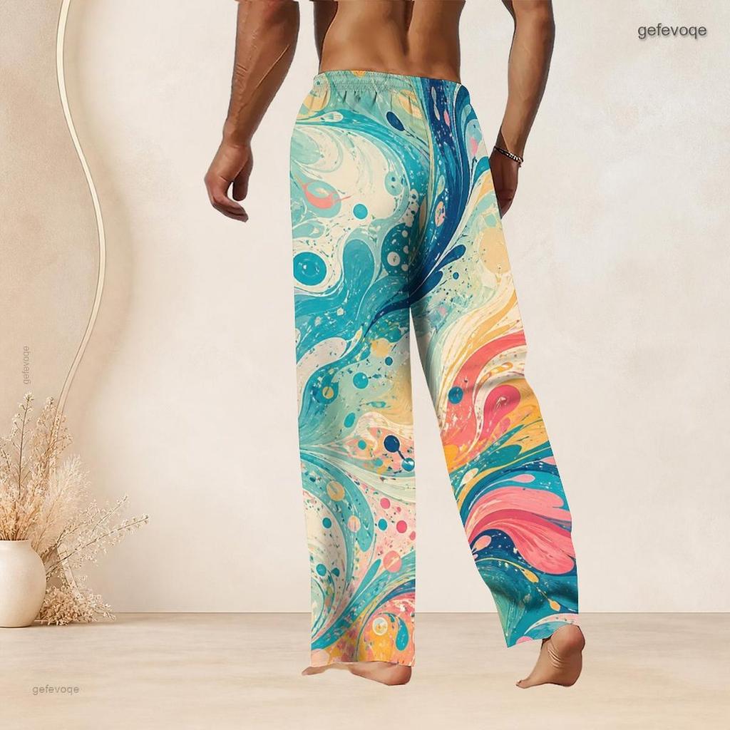 Men Plus Size Drawstring Waist Black Pink Printed Straight Leg Full Length Beach Pants