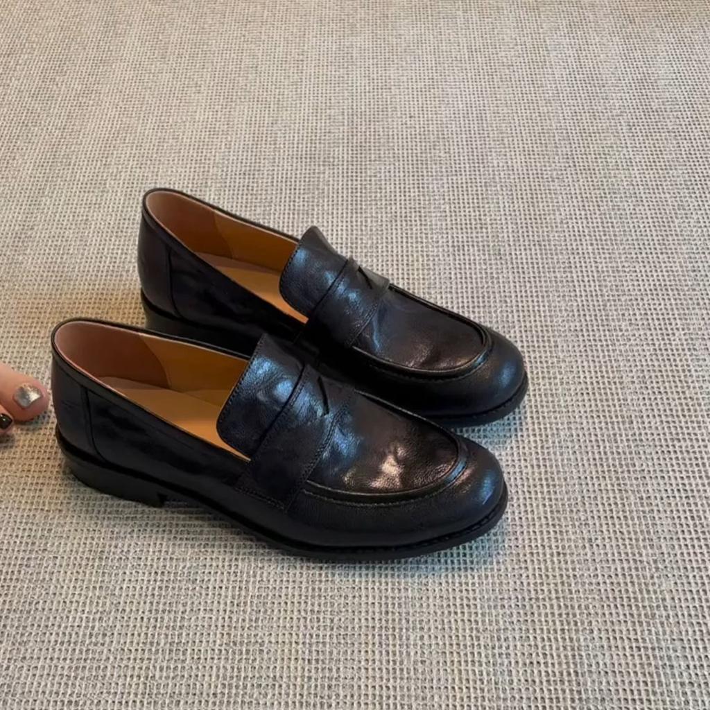 Sheepskin Version~ Retro Leather One-pedal Lazy Shoes Women's Thick Heel Flat-soled Single Shoes British Style Small Leather Shoes Loafers