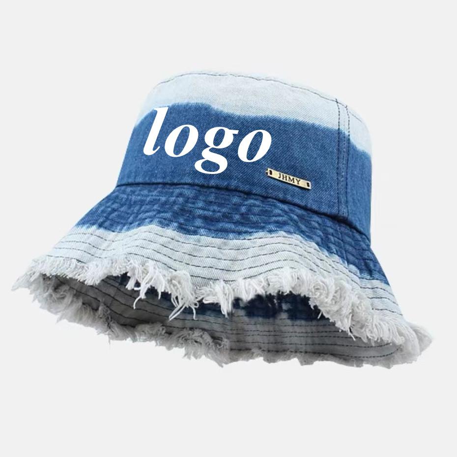 Custom Logo Foldable Tassel Bucket Hats Women Men Vintage Gradient Denim Flat Roof Fisherman Cap Outdoor Wide Brim Beach Sun Hat