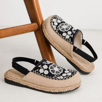 Women's Summer Baotou Linen Embroidered Sandals Flat Sole Non Slip Breathable Ethnic Style Dual Purpose Outdoor Half Slippers