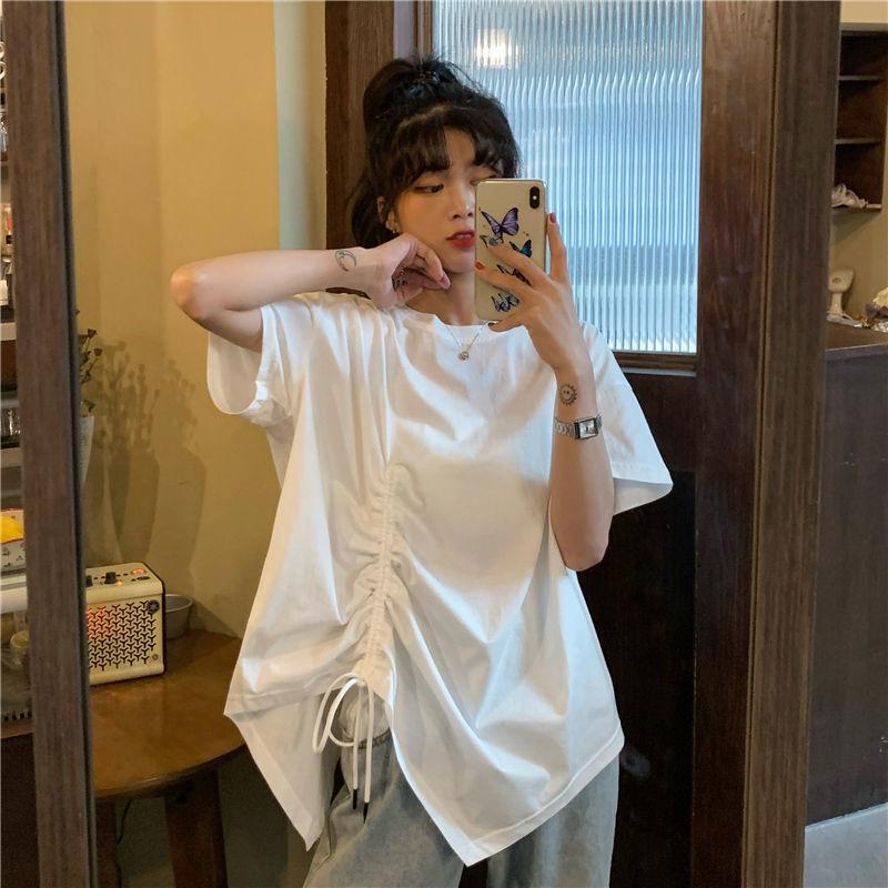 Women's Short Sleeve T Shirt Round Neck Casual Plus Size Drawstring Irregular Split Hem Loose Fit Top