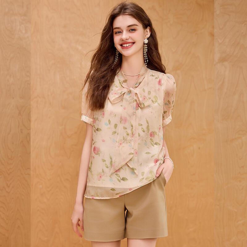 Elegant Floral Print V-Neck Blouse with Puff Sleeves L