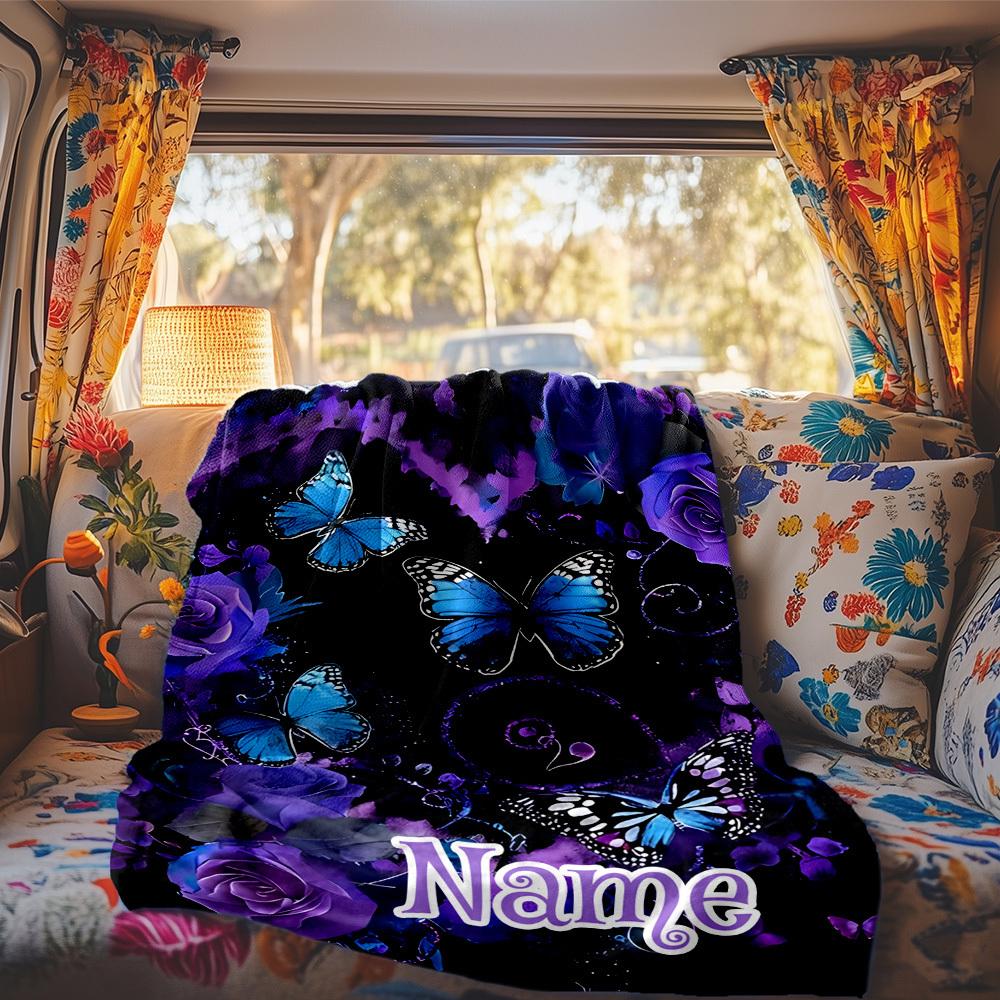 Floral Butterflies Roses Customize Your Name Rv Blanket Soft Comfortable Lightweight Perfect For Travel Camping Picnics Sofa Rv Bed Living Room Ideal