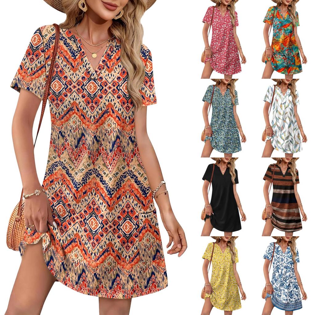 Women's Summer Casual V Neck Beach Dress Short Sleeve Loose Fit Vacation Tunic Lightweight Comfortable Fabric