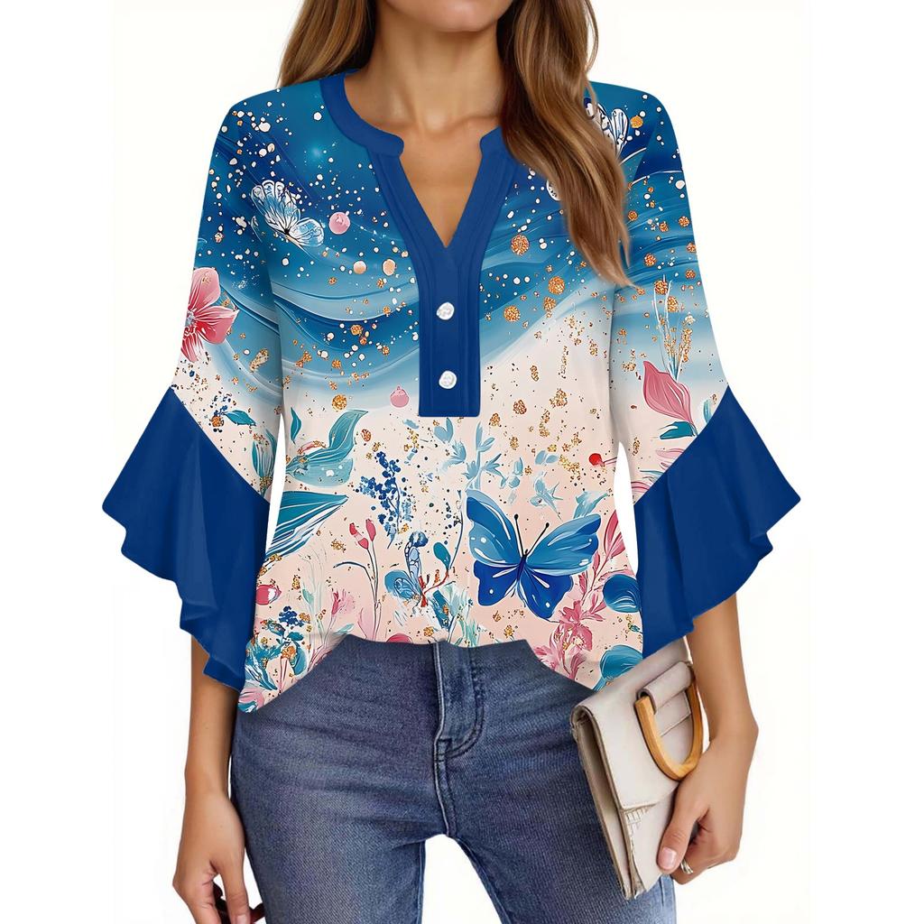 Tops For Women Cute Button V Neck 3/4 Sleeve Blouses Print Top Casual Shirts