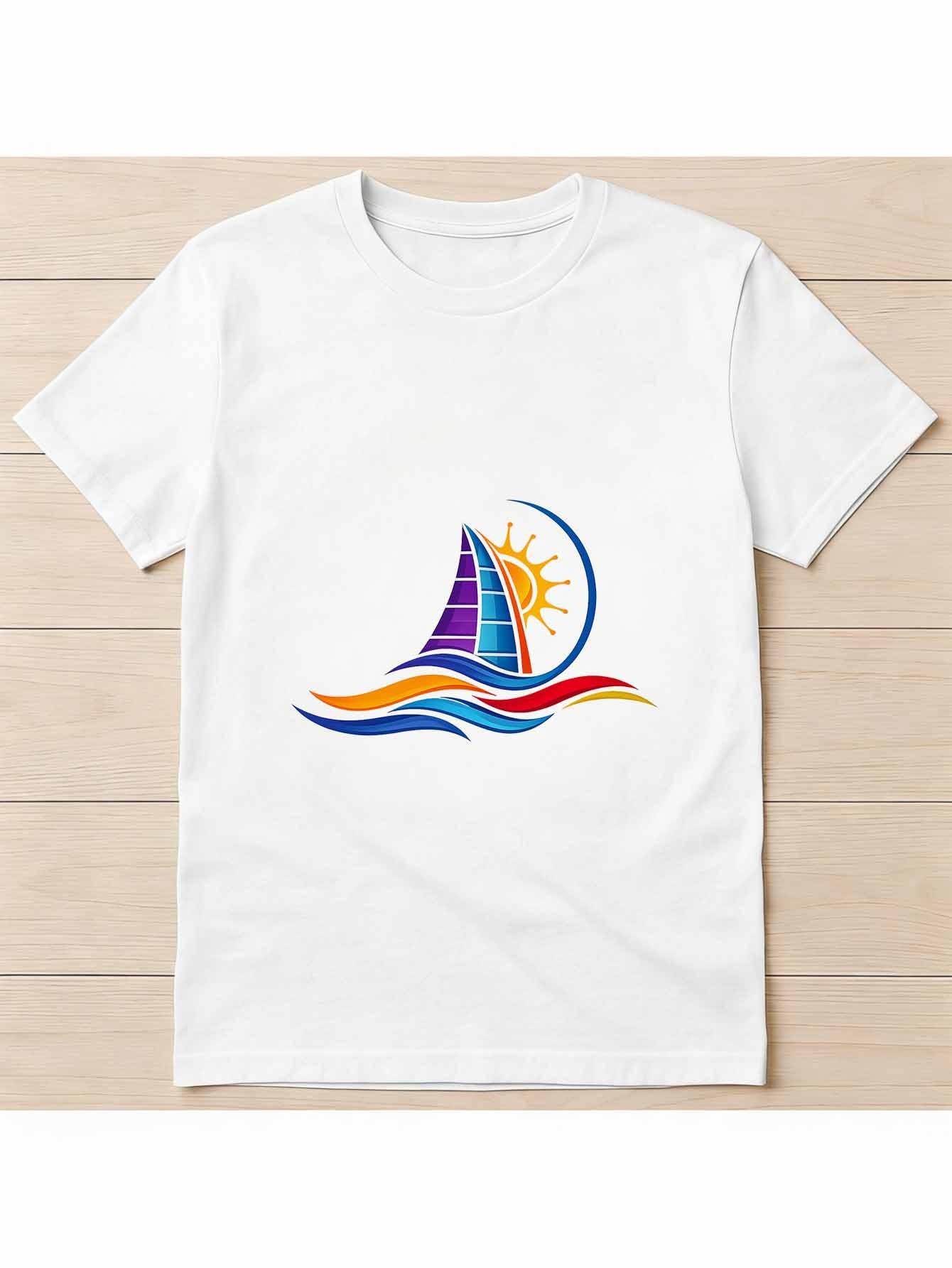 

Sailing Men s Cotton TShirt Colorful Sailboat Sun Wave Print Pattern Pure Cotton Premium Print Durable Casual Fashion S разноцветный