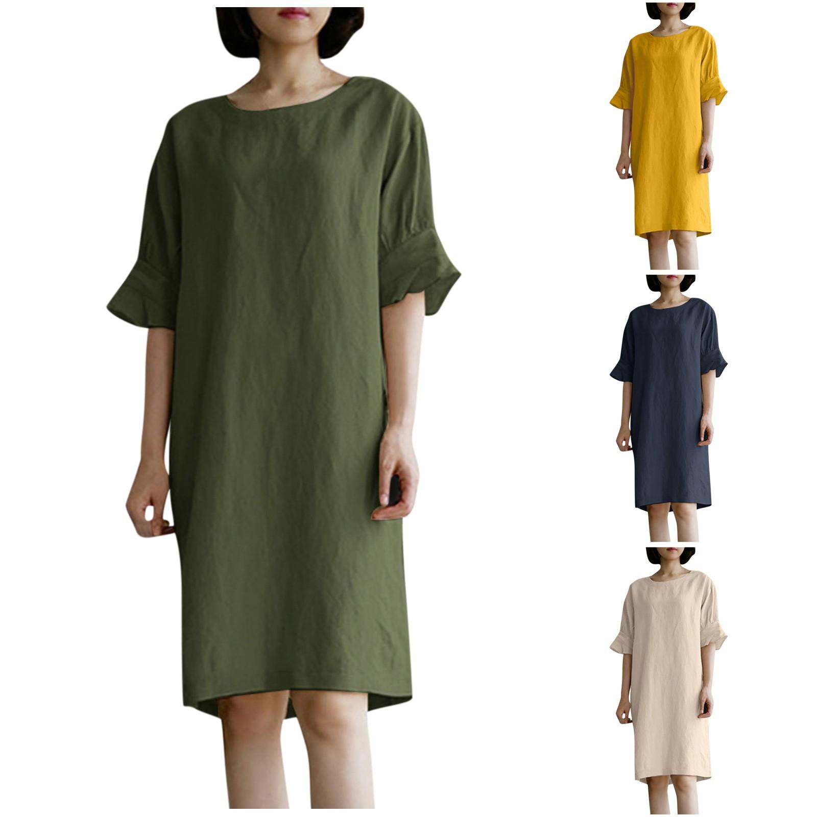 

Женское однотонное платье прямого типа с круглым вырезом и короткими рукавами