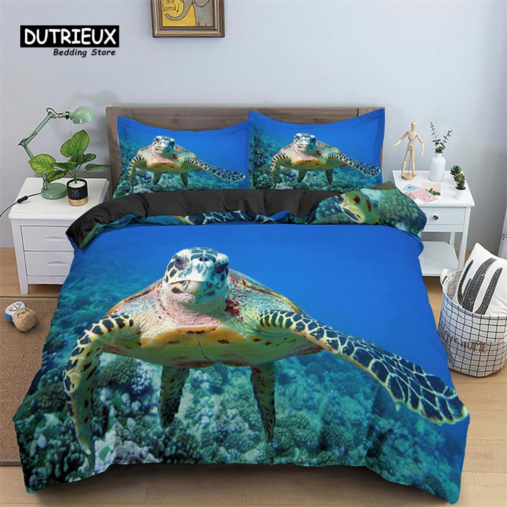 Cartoon Fish Dolphin Turtle Ocean Toddler Bedding Set For Kids Marine Themed Duvet Cover Microfiber Sea Creatures Quilt Cover