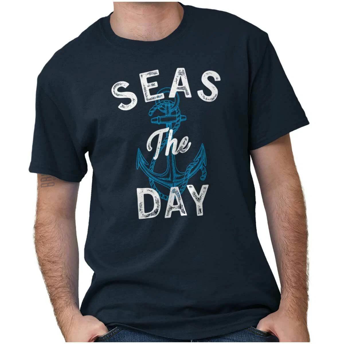 Funny Nautical Beach Pun Seas The Day Anchor Womens or Mens Crewneck T Shirt Tee XL