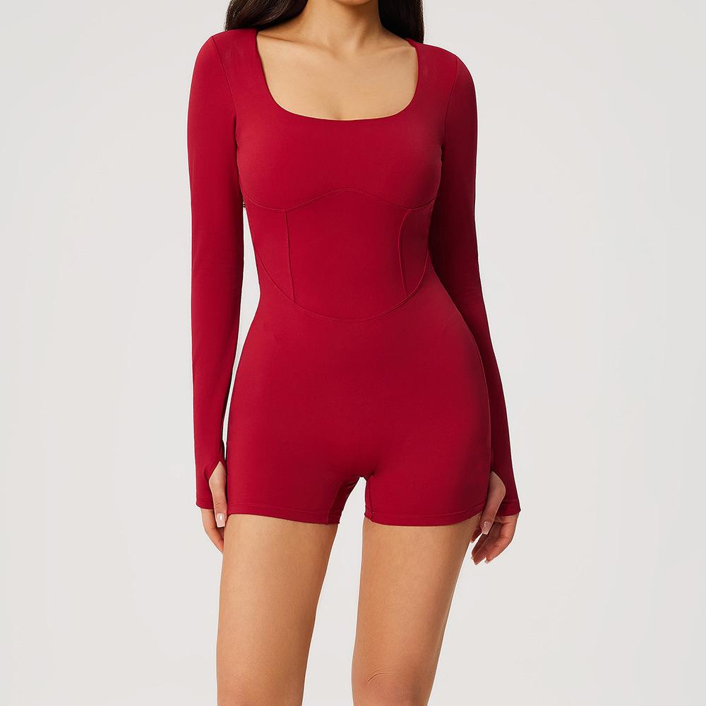 European & American Women s Long Sleeve Backless Yoga Jumpsuit with Chest Pads - Tight-Fitting Fitness Top XL