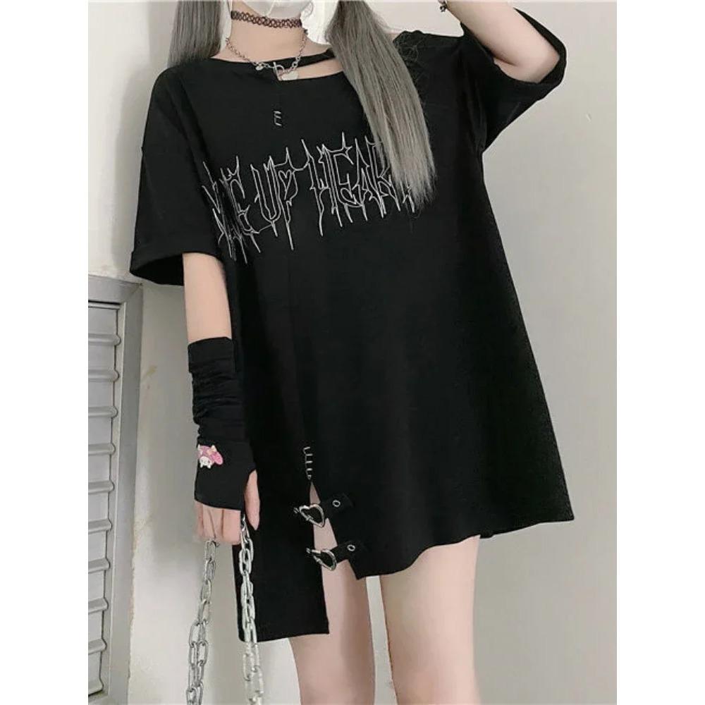 Girl Letter Print Off Shoulder Punk T-shirts Women Casual Street Black Gothic T Shirt Harajuku Streetwear Aesthetic