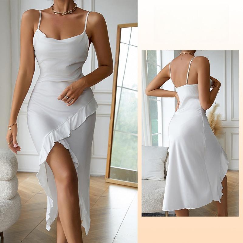 Women's Solid Color High Slit Nightgown Ruffle Trim Sexy Sleeveless Camisole Loungewear 635 Chic Versatile Sleepwear That Can Be Worn as a Mini Dress